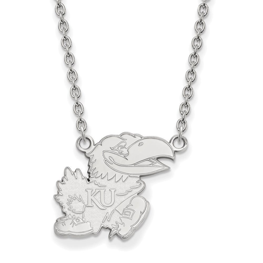 Sterling Silver Rhodium-plated LogoArt University of Kansas Jayhawk Large Pendant 18 inch Necklace QSS058UKS-18