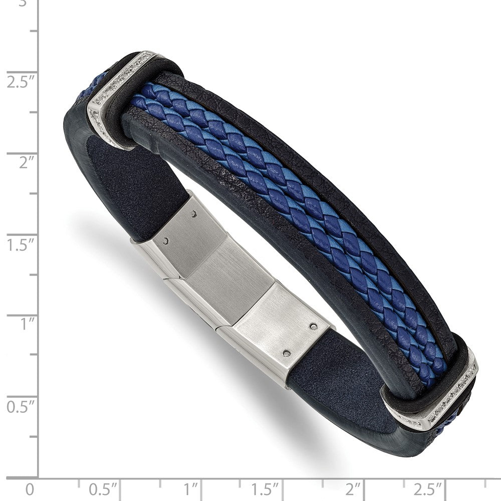 Stainless Steel Polished Blue Leather w/CZ 8in w/.5in ext. Bracelet 8 inches