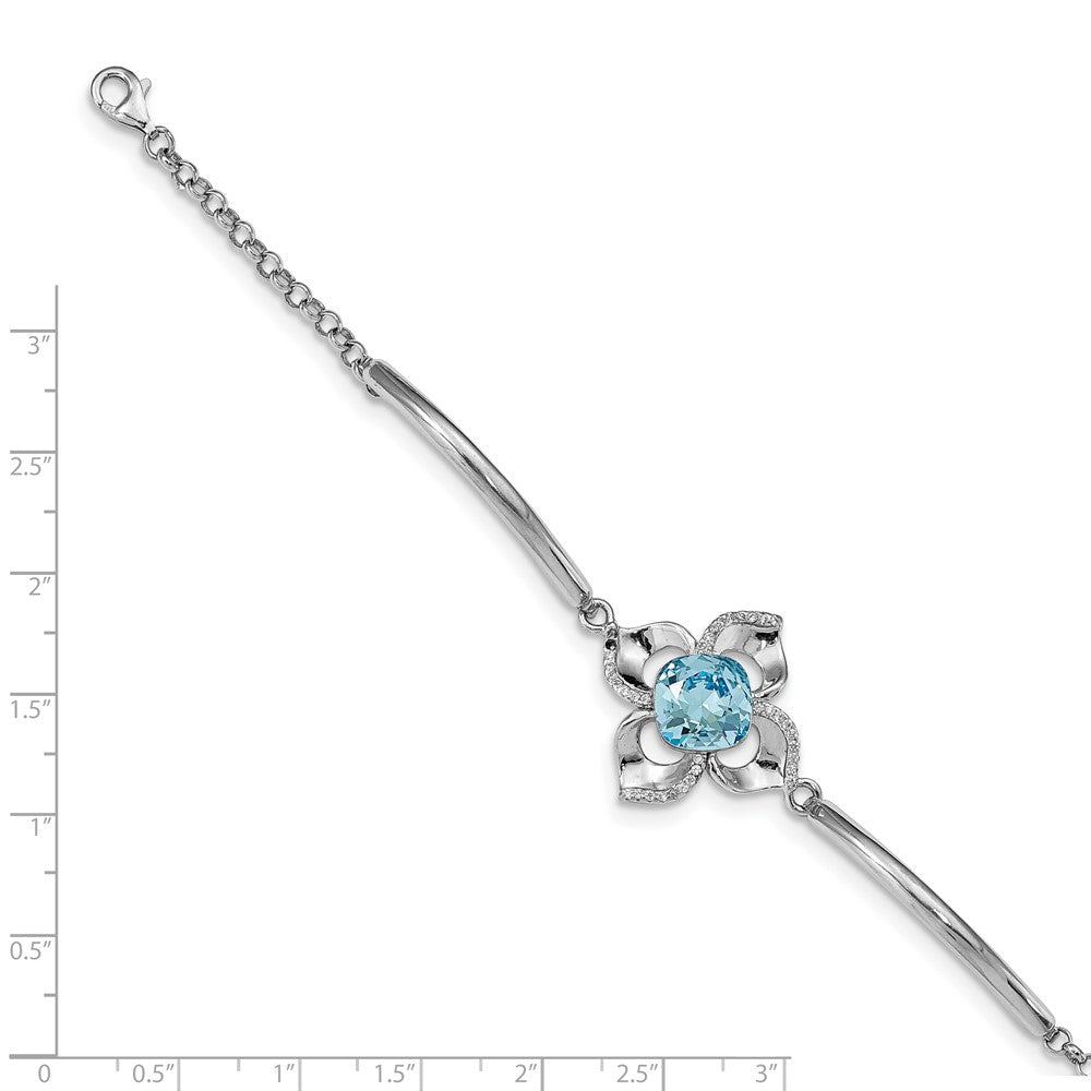 Sterling Silver RH-plated Clear/Blue Crystal Flower w/1in ext Bracelet 7 inches