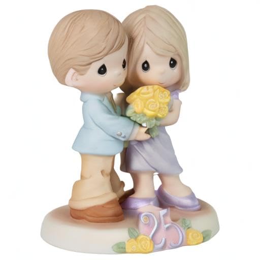 Precious Moments Hand-painted Porcelain Couple Holding Yellow Rose Bouquet 25th Anniversary Figurine