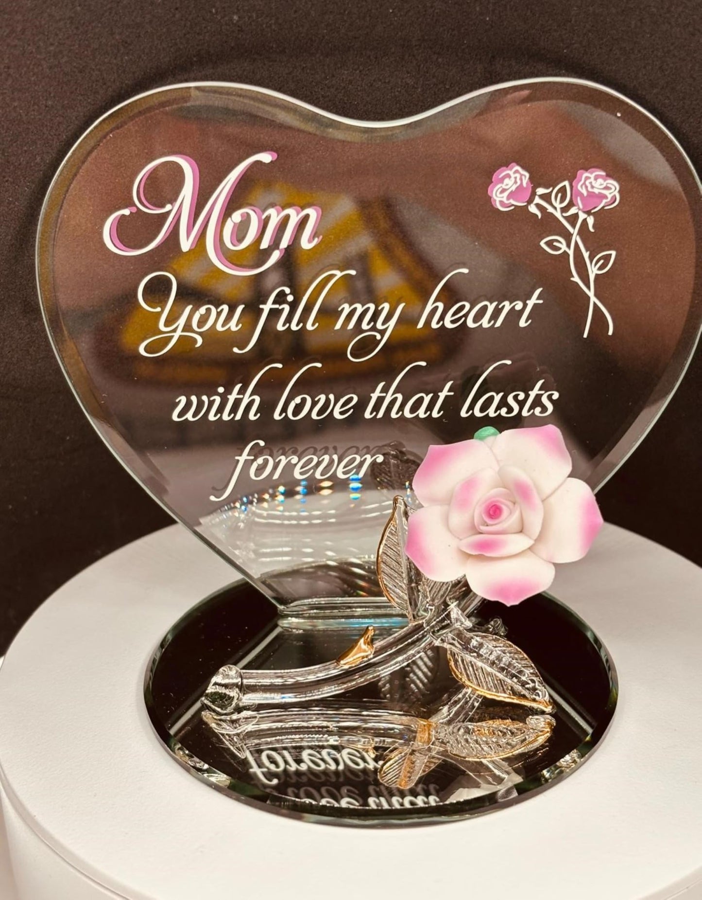 Glass Baron Handcrafted Mom You Fill My Heart Pink Rose Glass Figurine