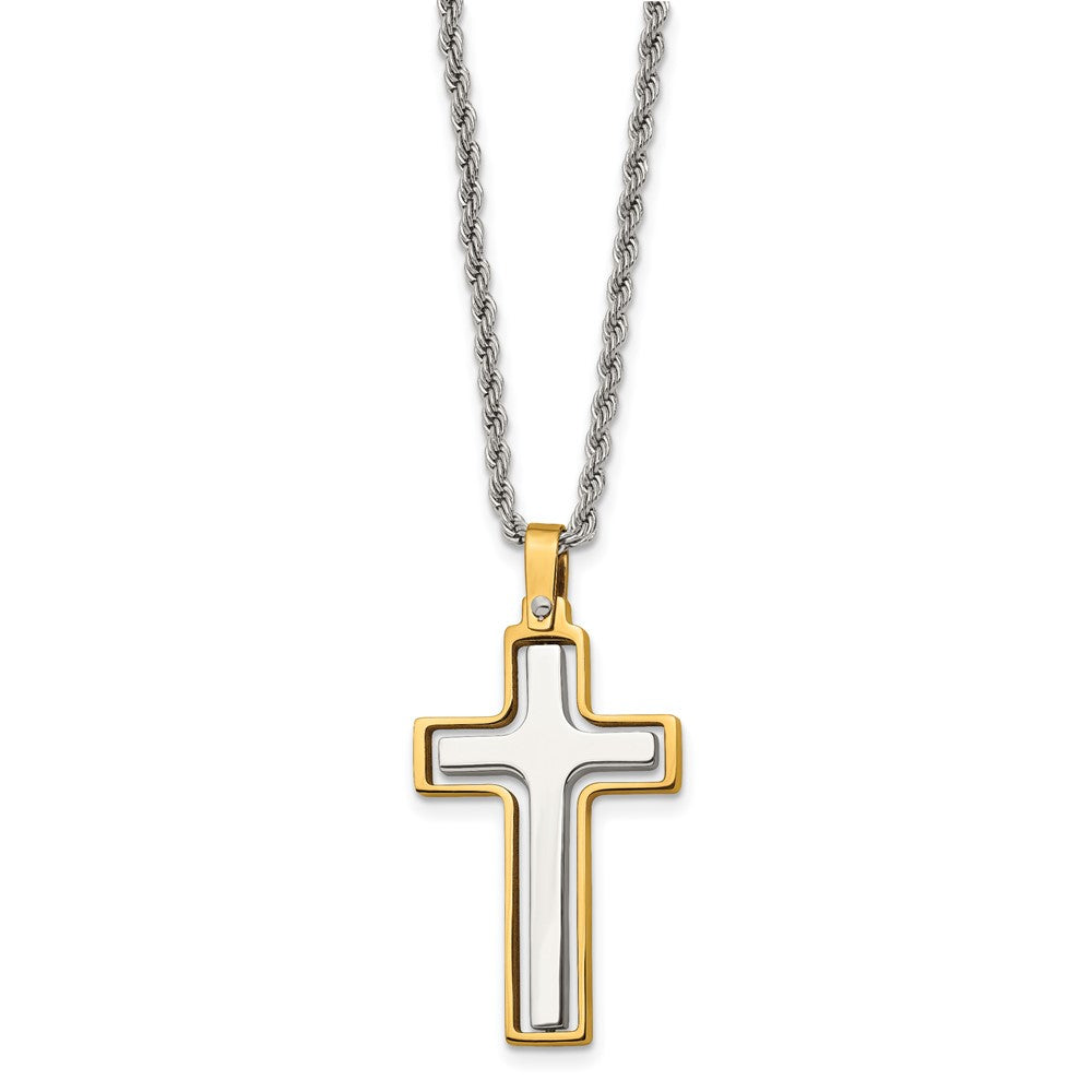 Stainless Steel Polished Yellow IP Laser Cut Moveable Cross Necklace
