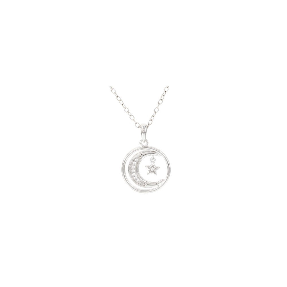 Sterling Silver Circle, Moon & Star Dia Dangle w/ chain