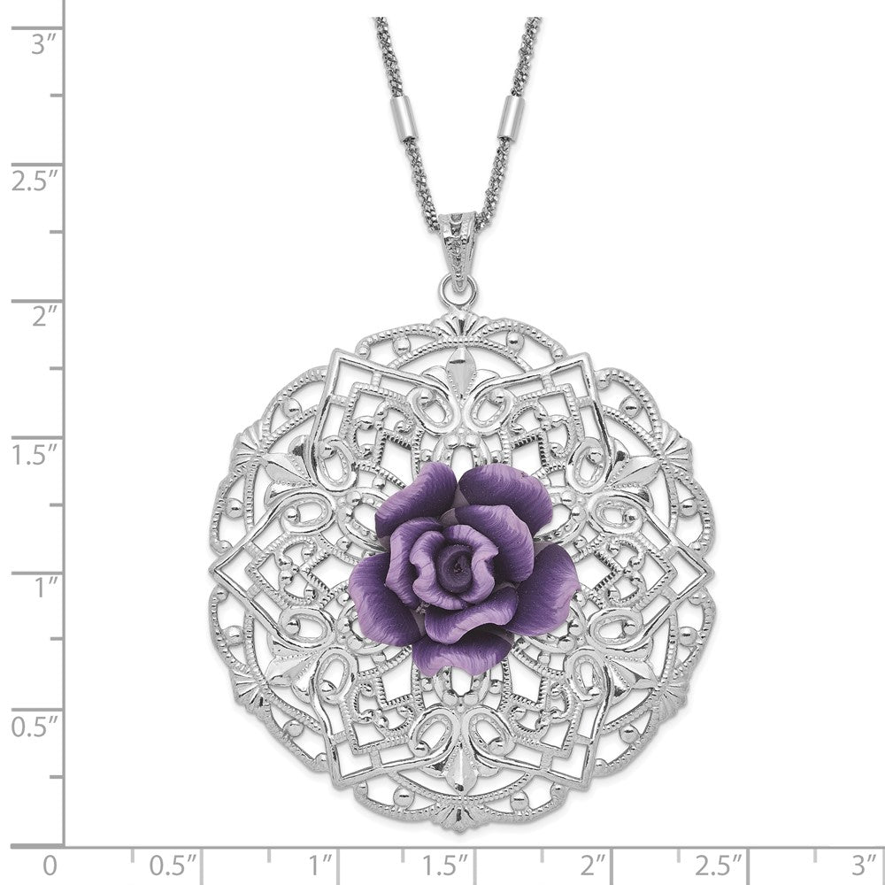 Sterling Silver Rhodium-plated Polished & Textured Purple Resin Rose Circle Necklace