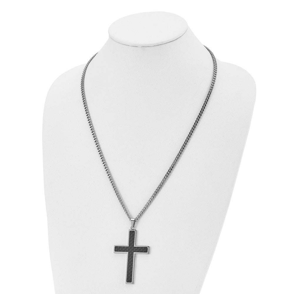 Stainless Steel Polished w/Black Carbon Fiber Inlay Cross 24in Necklace