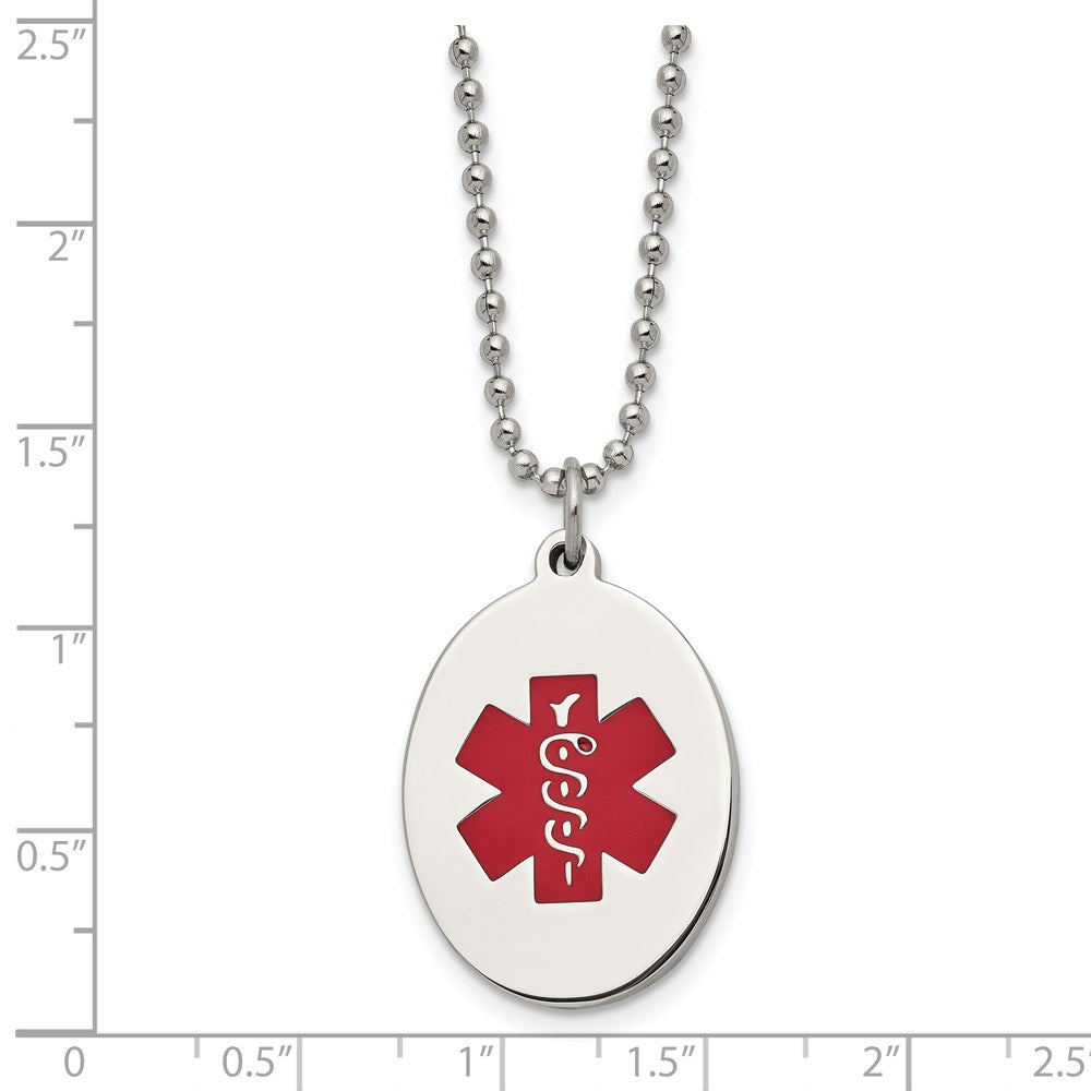 Stainless Steel Polished w/Red Enamel Oval Medical ID 22in Necklace