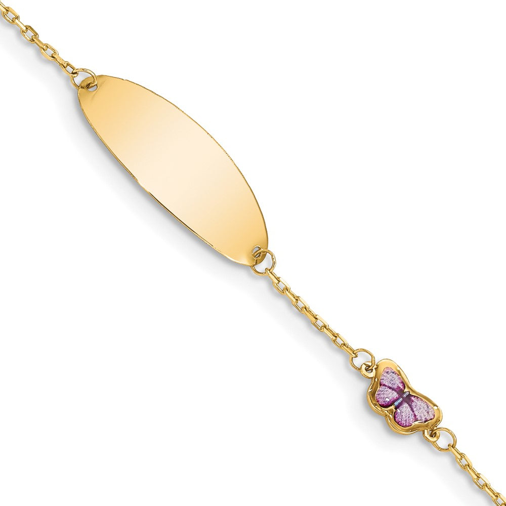 14K Polished Purple Enamel Butterfly and 20x7mm Plate 6 inch Baby/Child ID Bracelet with 0.5 inch Extender