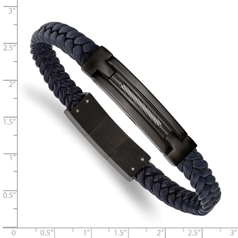 Stainless Steel Polished Black IP Navy Blue Leather w/.5in ext. Bracelet 8 inches