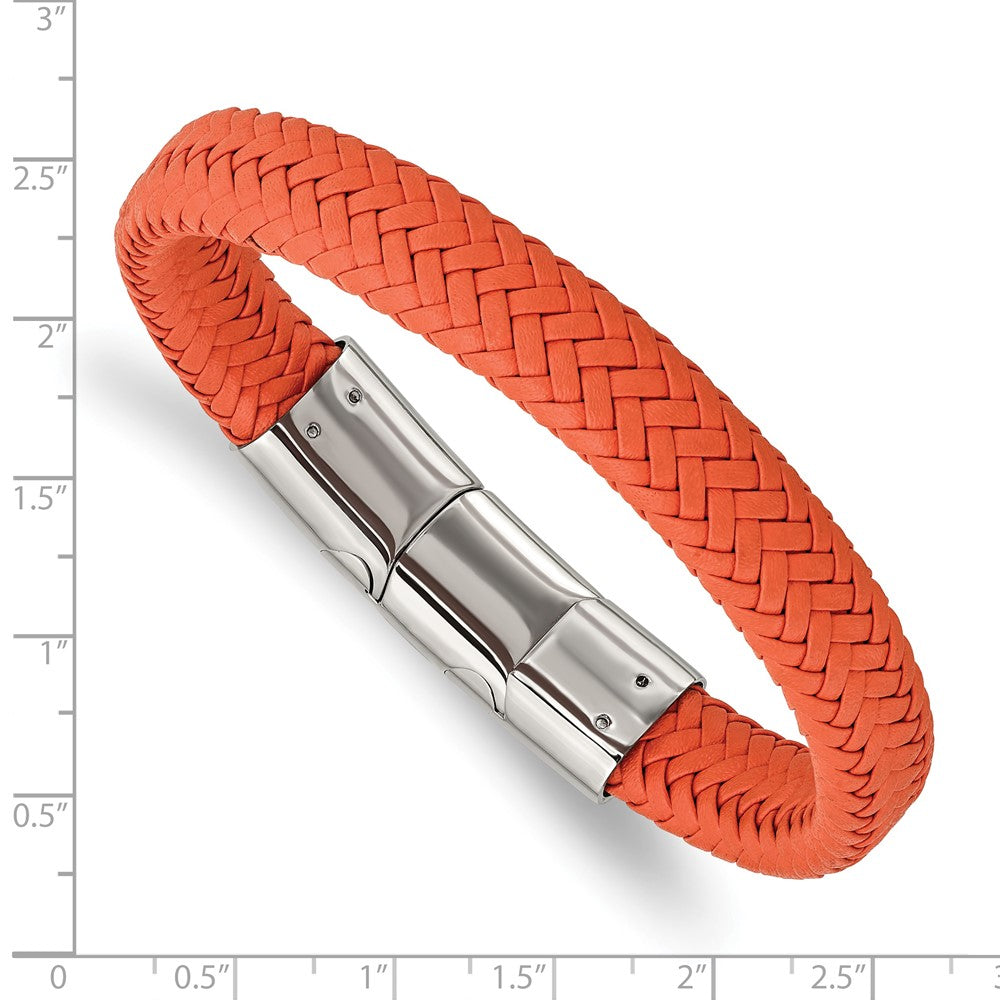Stainless Steel Polished Orange Woven Leather 8in w/.5in ext Bracelet 8 inches