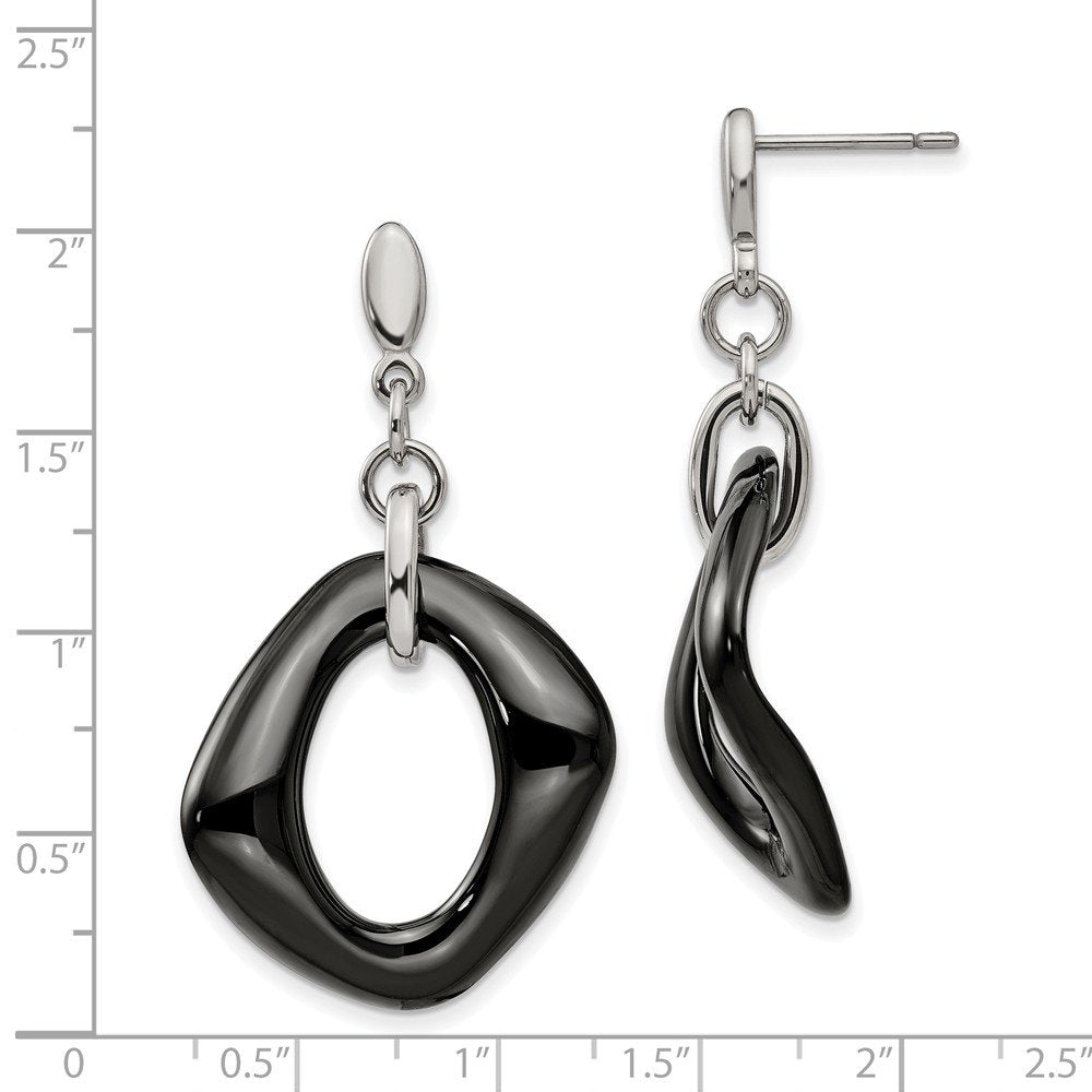Stainless Steel Polished w/Black Ceramic Post Dangle Earrings