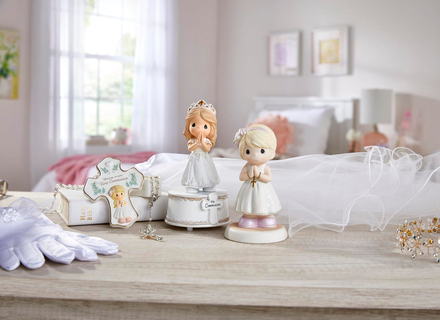 Precious Moments Hand-painted Porcelain Girl Cross-shaped Communion Rosary Box with Silver-tone Rosary