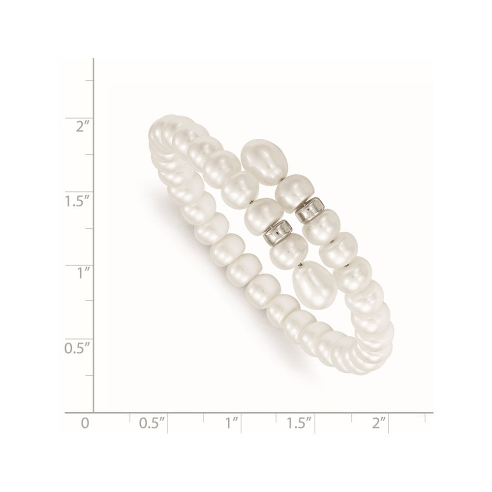 Sterling Silver Rhodium-plated 6-8mm White Button and Rice Freshwater Cultured Pearl Flexible 7.5 inch Bracelet 7.5 inches