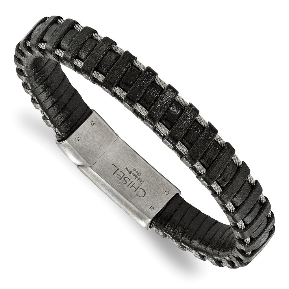 Stainless Steel Brushed Cable and Black Leather 8.5in Bracelet 8.5 inches