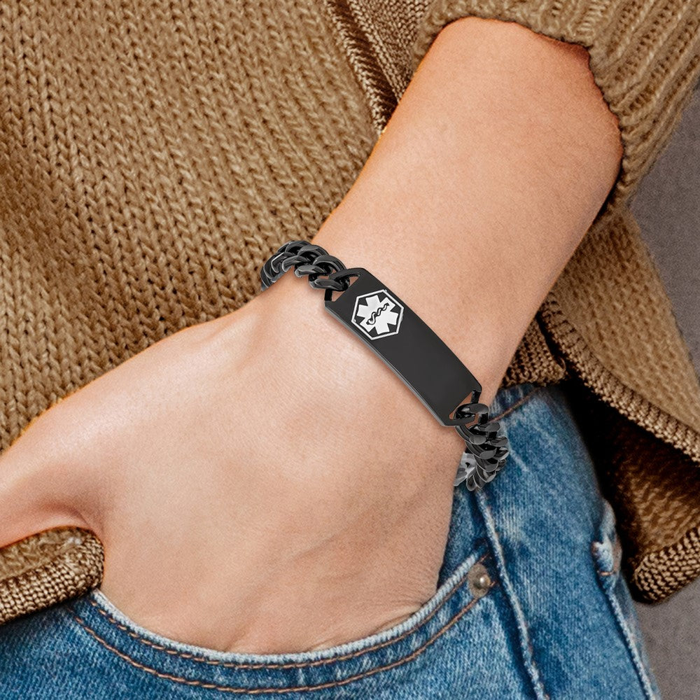Stainless Steel Polished Black IP w/White Enamel 8in MED ID Bracelet 8 inches