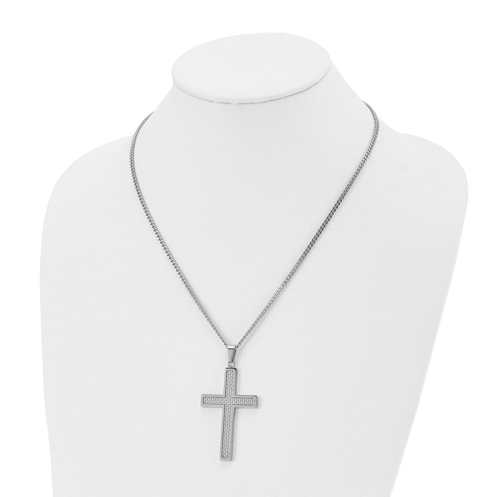 Stainless Steel Polished Grey Carbon Fiber Inlay Large Cross 20in Necklace