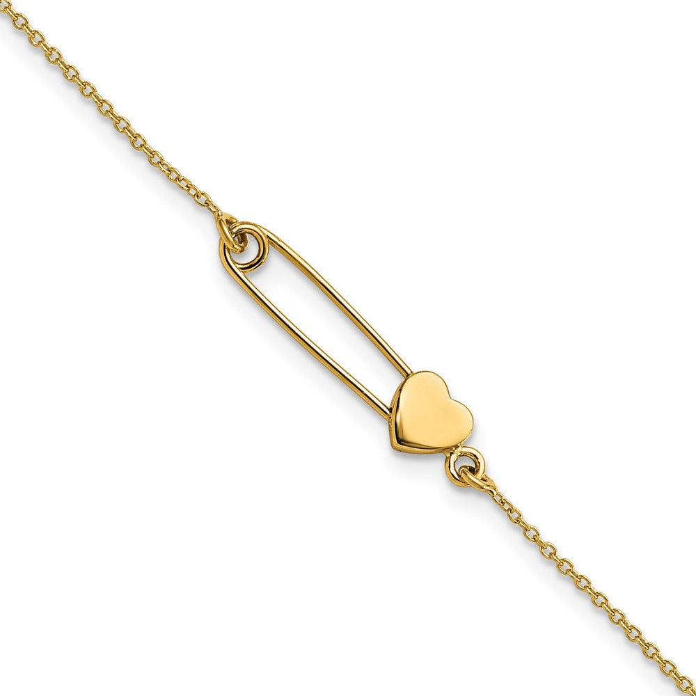 14K Safety Pin with Heart Bracelet 7 inches