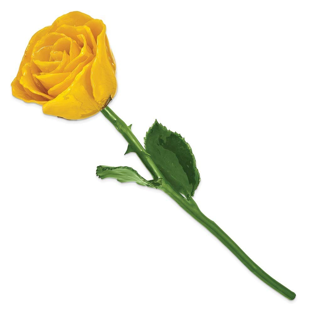 Lacquer Dipped Natural Yellow Rose w/Green Leaves & Stem