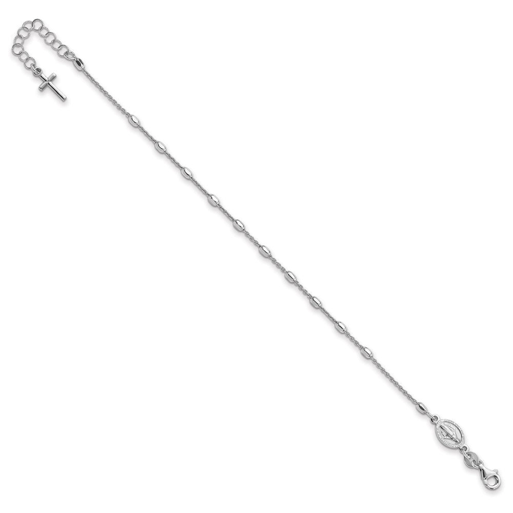 Sterling Silver Rhodium Plated Polished Beaded Cross Bracelet 7 inches