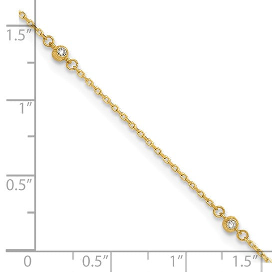 14K Polished CZ 5 Station 9in with 1 in ext. Anklet