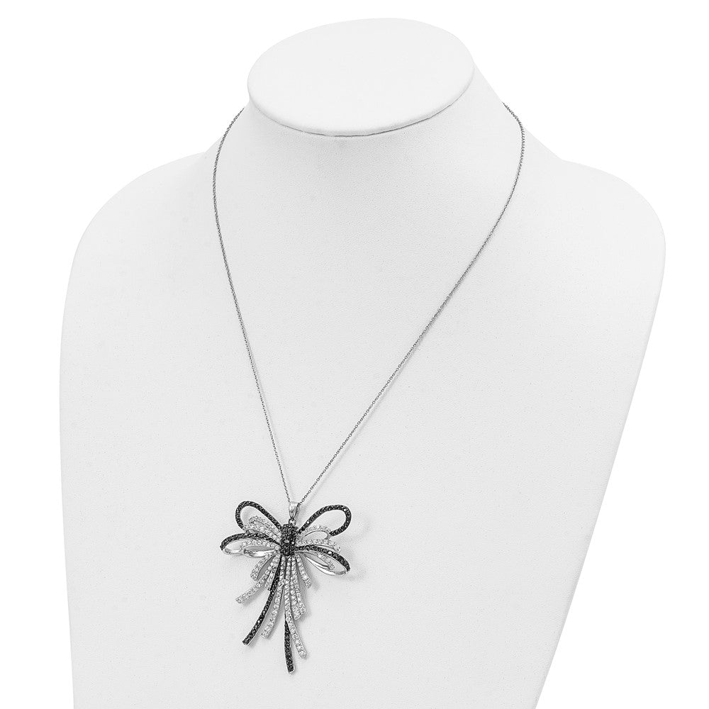Sterling Silver Rhod-pl Black and White CZ Fancy Bow Necklace