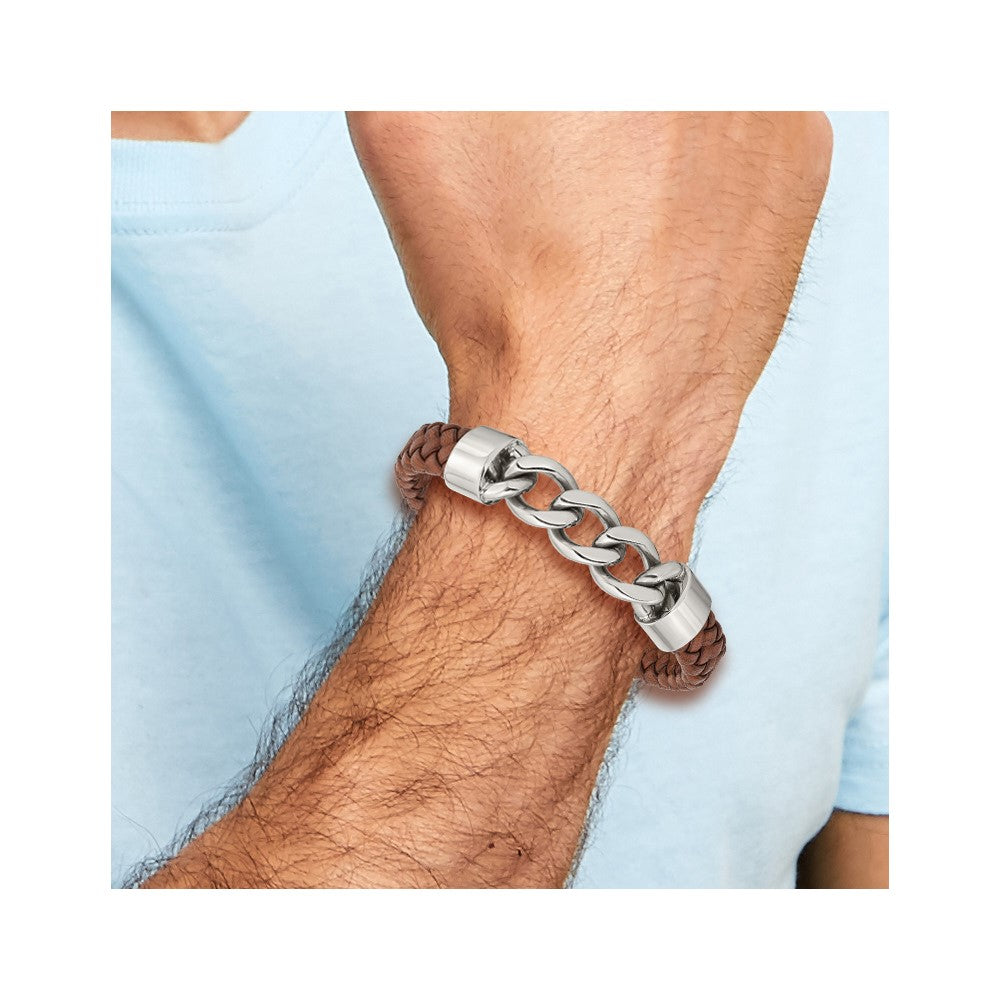 Stainless Steel Polished Chain and Brown Leather 8.25in Bracelet 8.25 inches