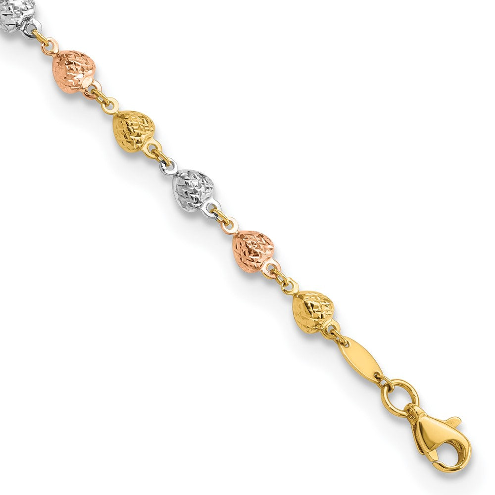 14K Tri-color Polished Diamond-Cut Hearts 7.5in Bracelet 7.5 inches