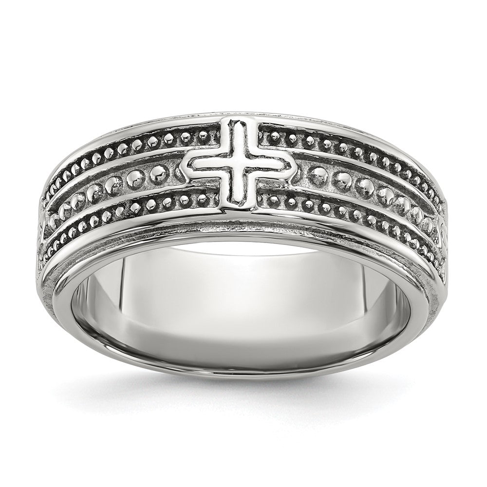 Chisel Stainless Steel Polished Cross 7.7mm Grooved and Beaded Band Size - 8