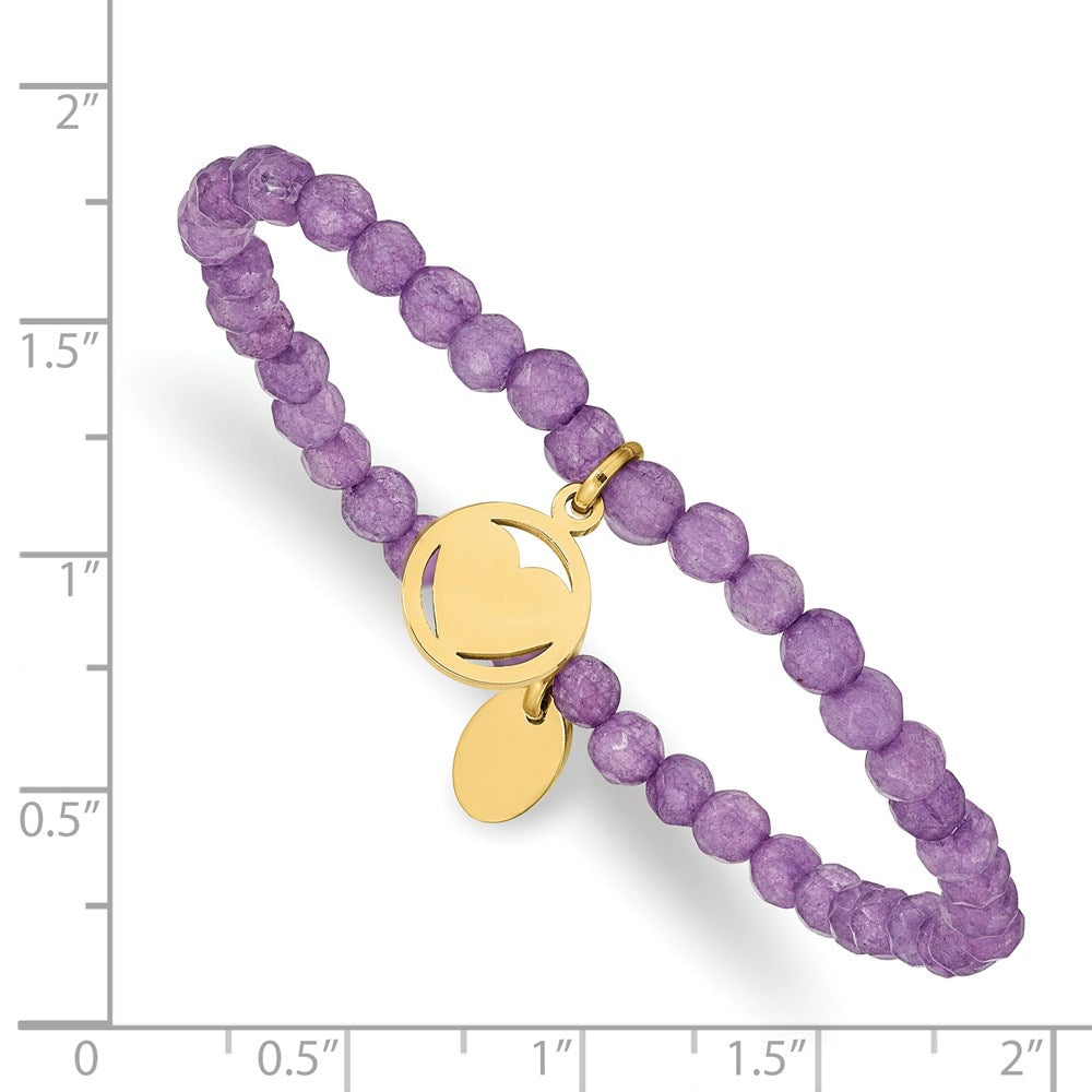 Stainless Steel Polished Yellow IP Heart Light Purple Jade Stretch Bracelet 6.25 inches