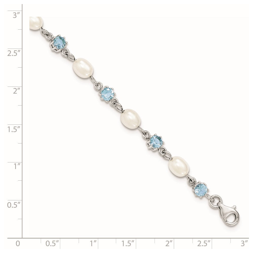 Sterling Silver Rhodium Blue CZ FW Cultured Pearl Bracelet 7 inches