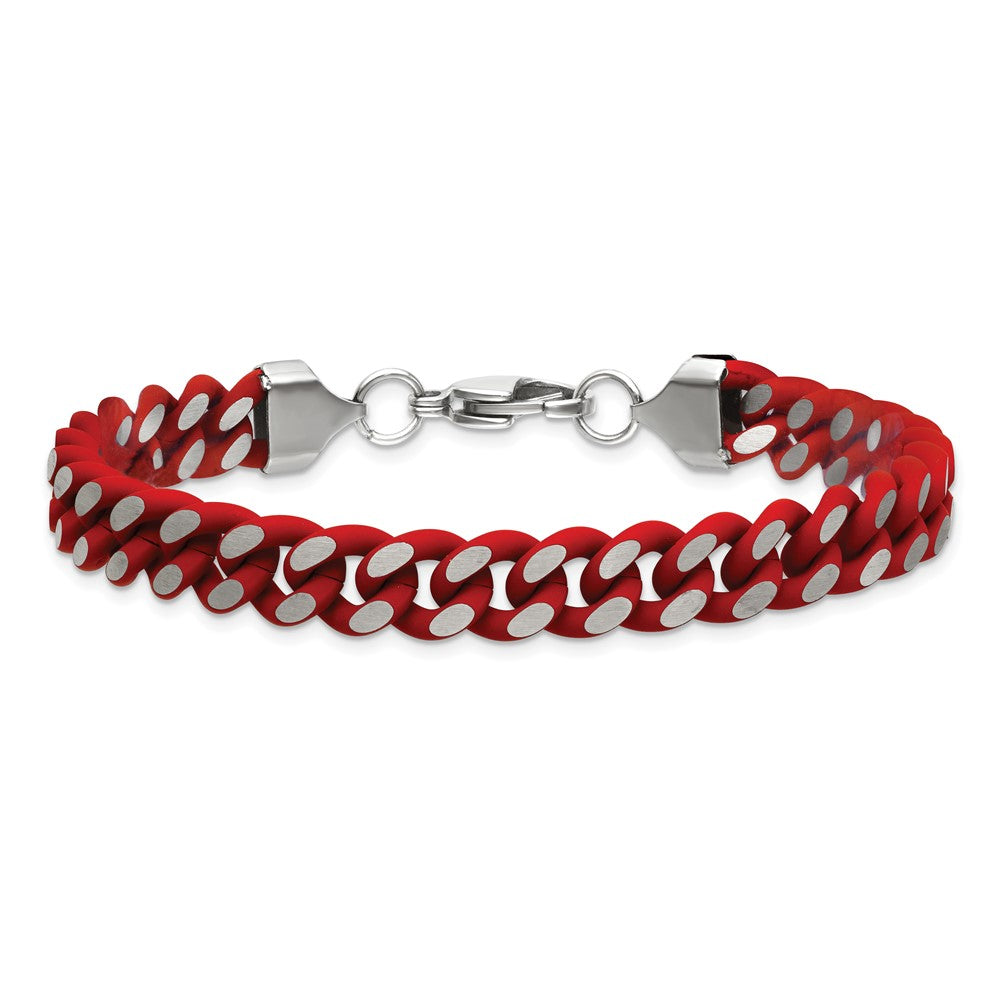 Chisel Stainless Steel Polished with Red Enamel and Rubber Coating 9mm 8.5 inch Curb Chain Bracelet 8.5 inches