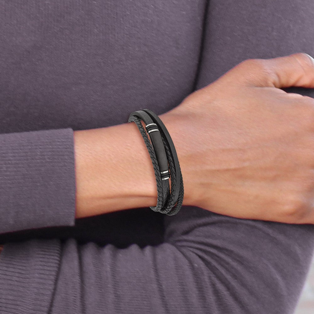 Stainless Steel Brushed Black IP PU Leather/Rubber 8in w/.5in ext Bracelet 8 inches