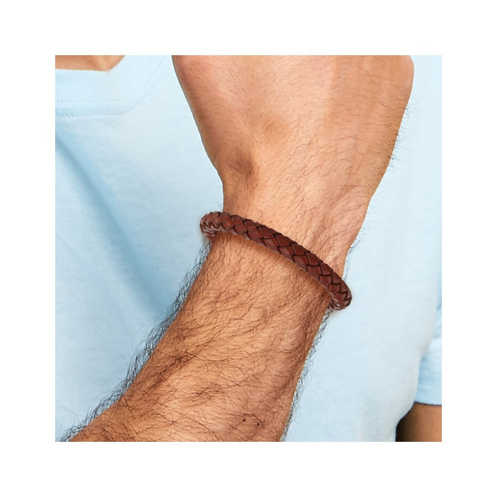 Stainless Steel Polished Brown Leather 8.5in Bracelet 8.5 inches
