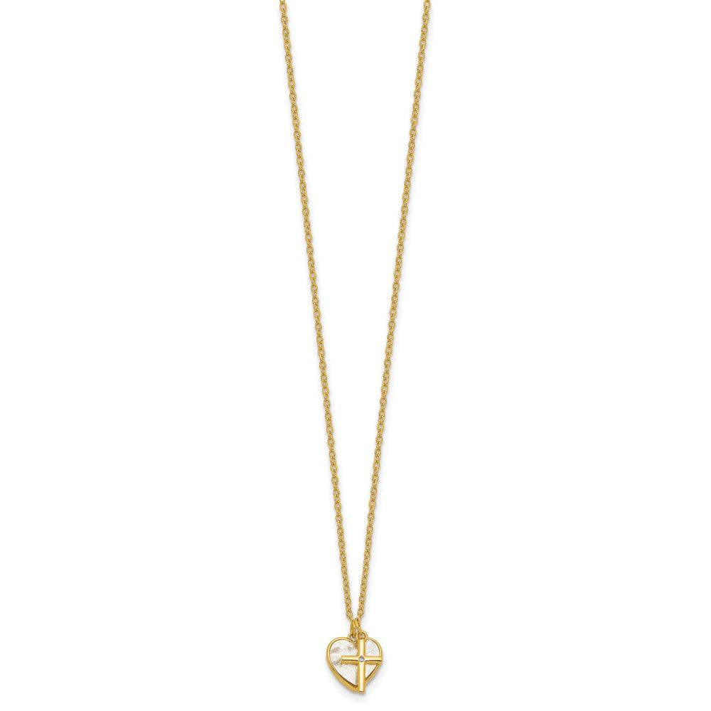 Sterling Silver Gold-tone Polished Mother of Pearl Heart and CZ Cross 14 Inch with 3 Inch Extension Children's Necklace