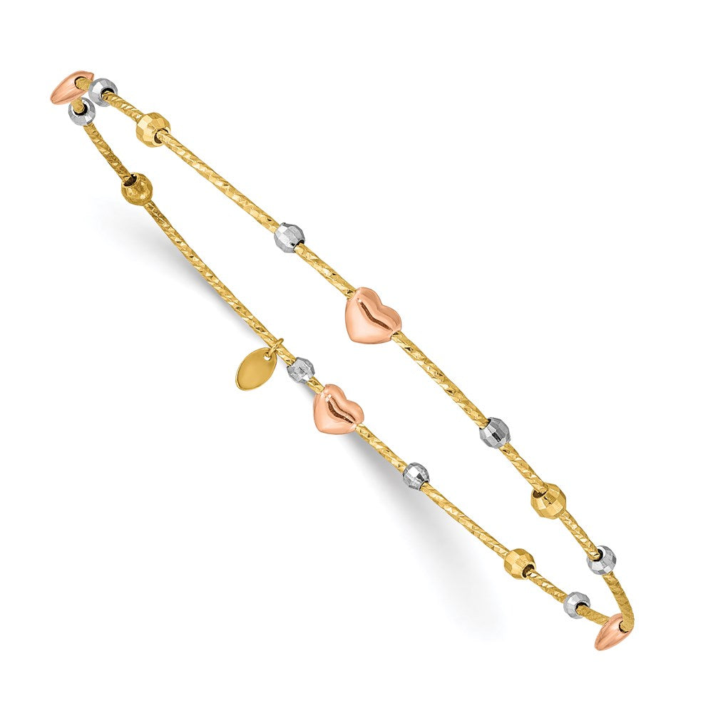 14k Tri-color Heart Diamond-cut Slip-on Bangle 8.25 inches