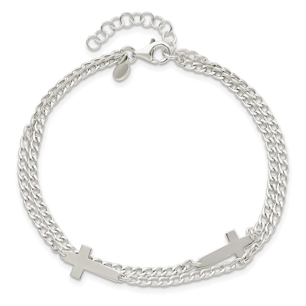 Sterling Silver Double Cross 2-Strand w/1in ext Bracelet 8 inches