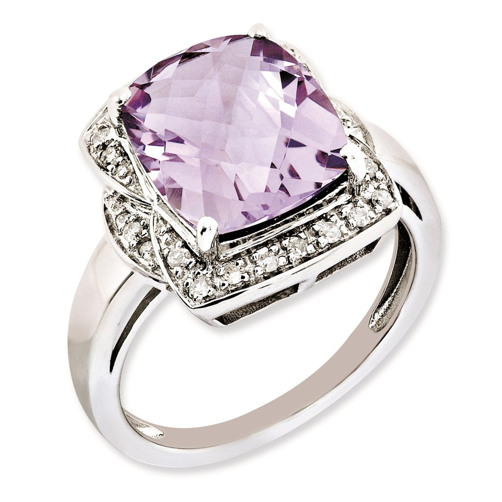 Sterling Silver Rhodium-plated Diamond & Checker-Cut Pink Quartz Ring