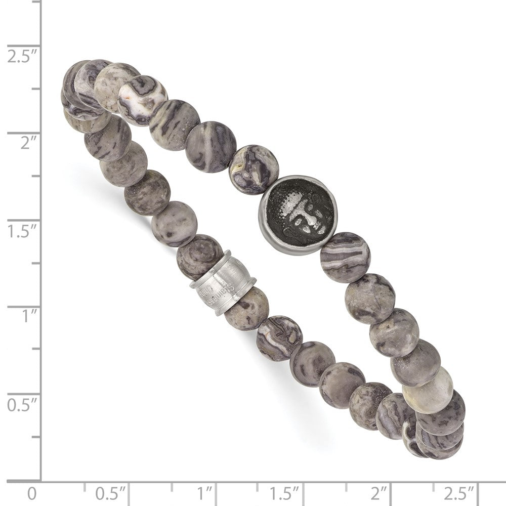 Stainless Steel Brushed Antiqued Map Stone Buddha Stretch Bracelet