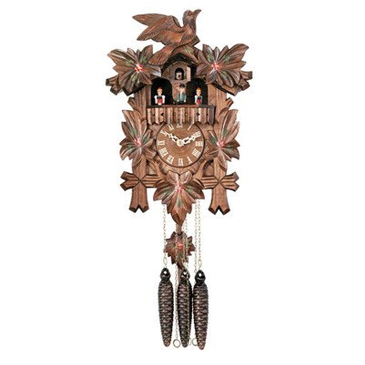 One Day Musical Cuckoo Clock with Dancers, Five Hand-carved Maple Leaves, One Bird, and Hand-Painted Flowers