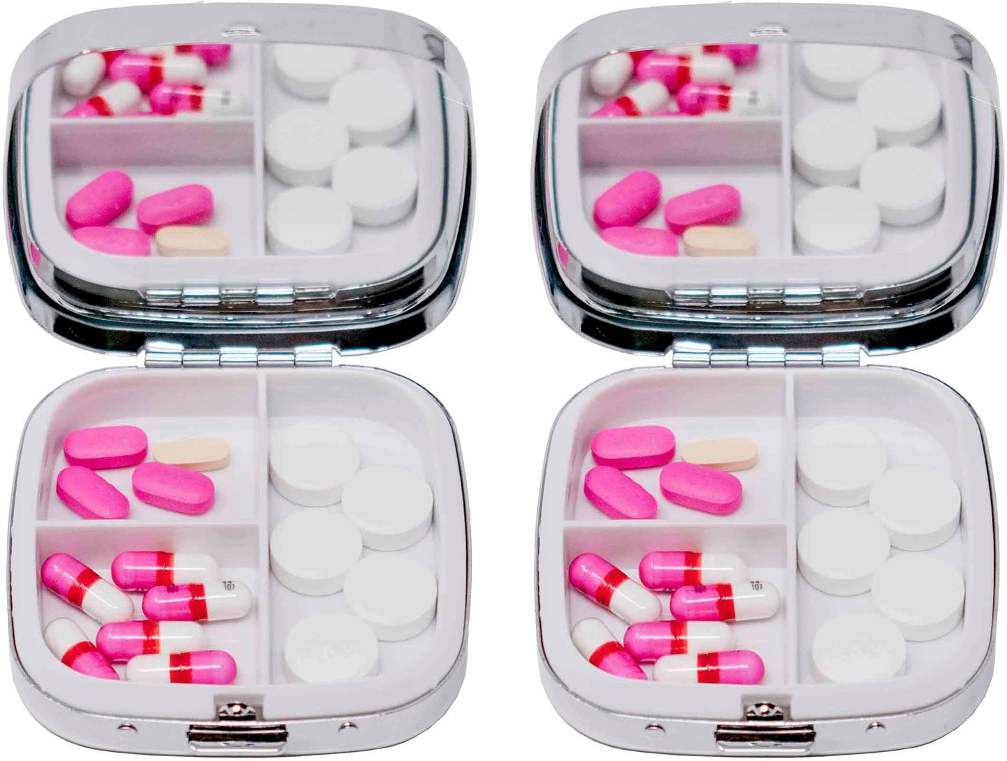 Set of 2 Square-Shaped Pocket Purse Pill Box With Mirror (Silver Etched Lines - Engraveable)