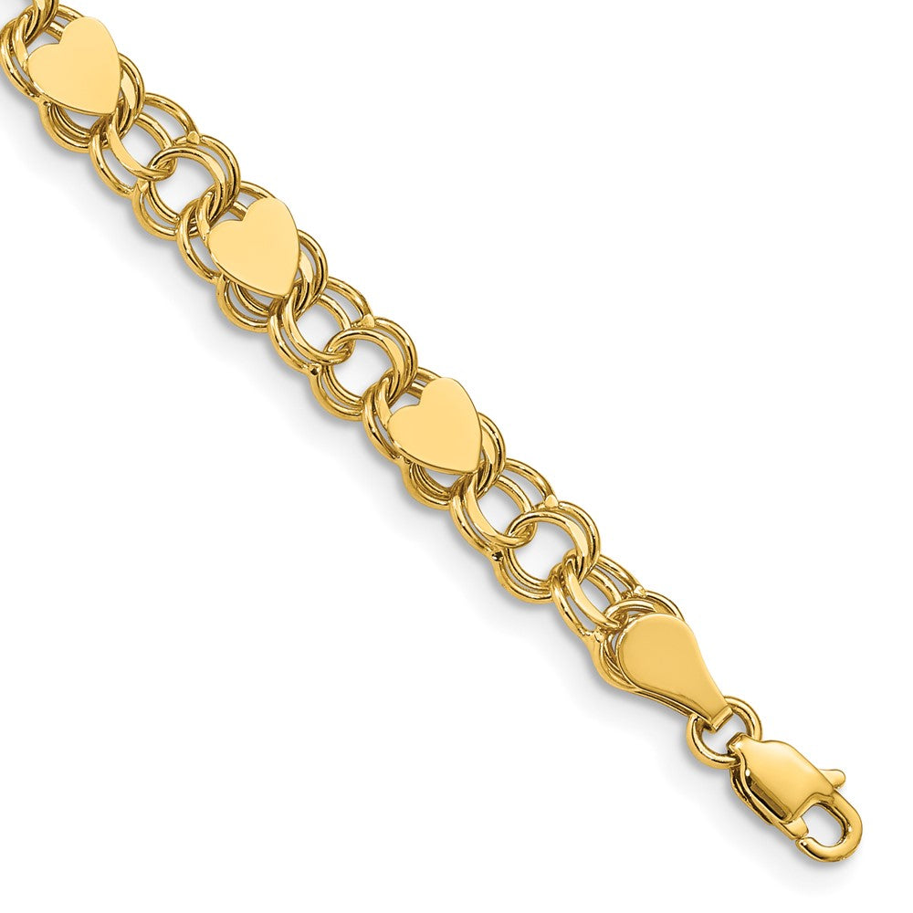 14k Double Link with Hearts Charm Bracelet 7 inches