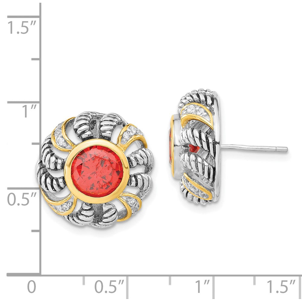 Sterling Silver Gold-plated Polished & Antiqued Red & Clear CZ Circle Post Earrings