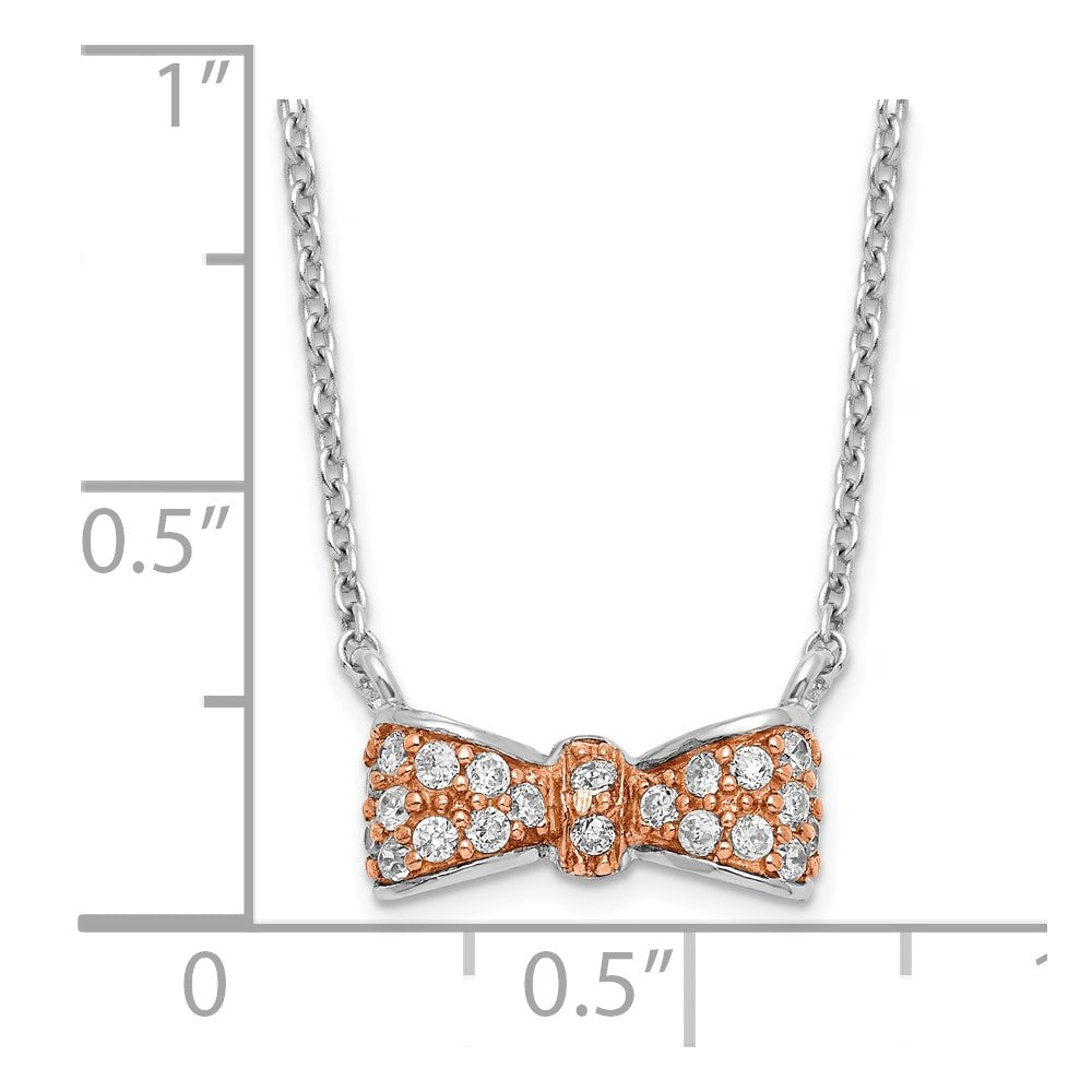 Sterling Silver Rose and Rhodium-plate CZ Bow with 2 in ext Necklace