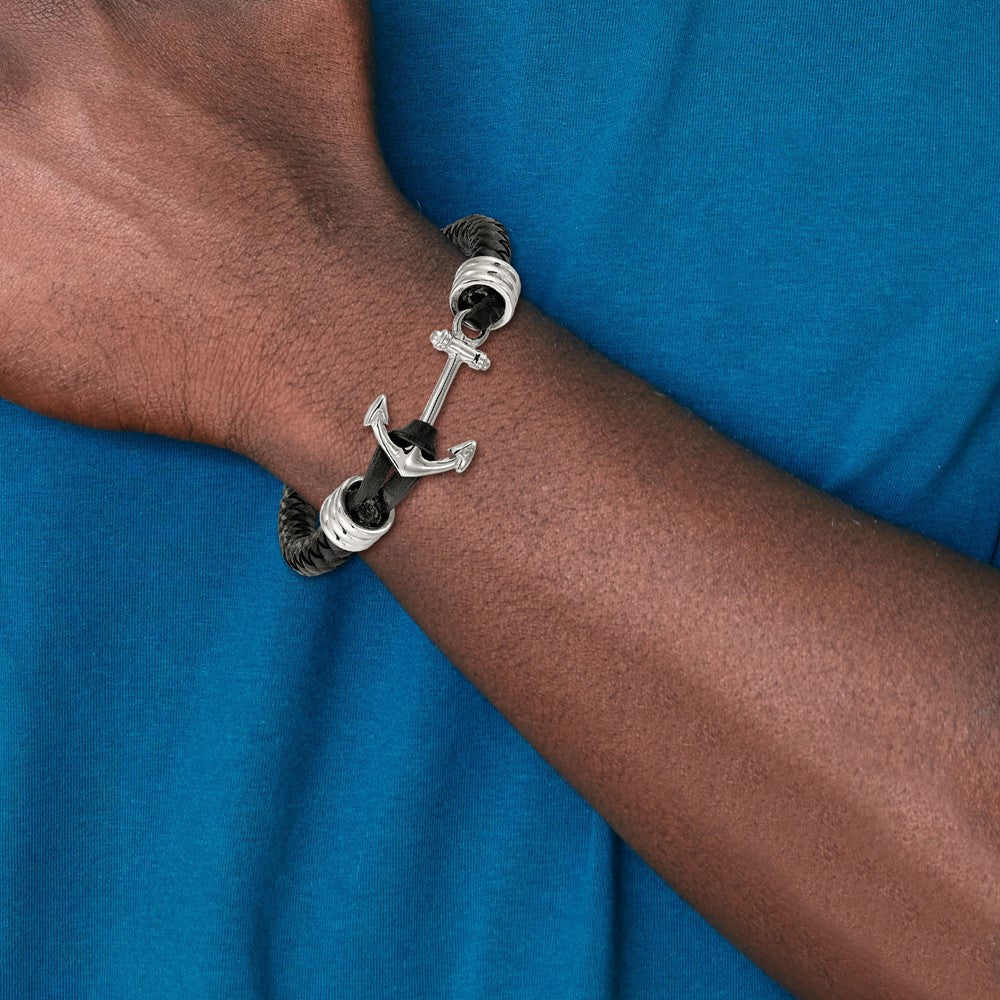 Stainless Steel Polished Black Braided Leather Anchor 8.5in Bracelet 8.5 inches