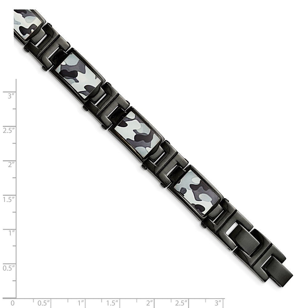 Stainless Steel Polished Black IP-plated Camo 8.5in Bracelet 8.5 inches