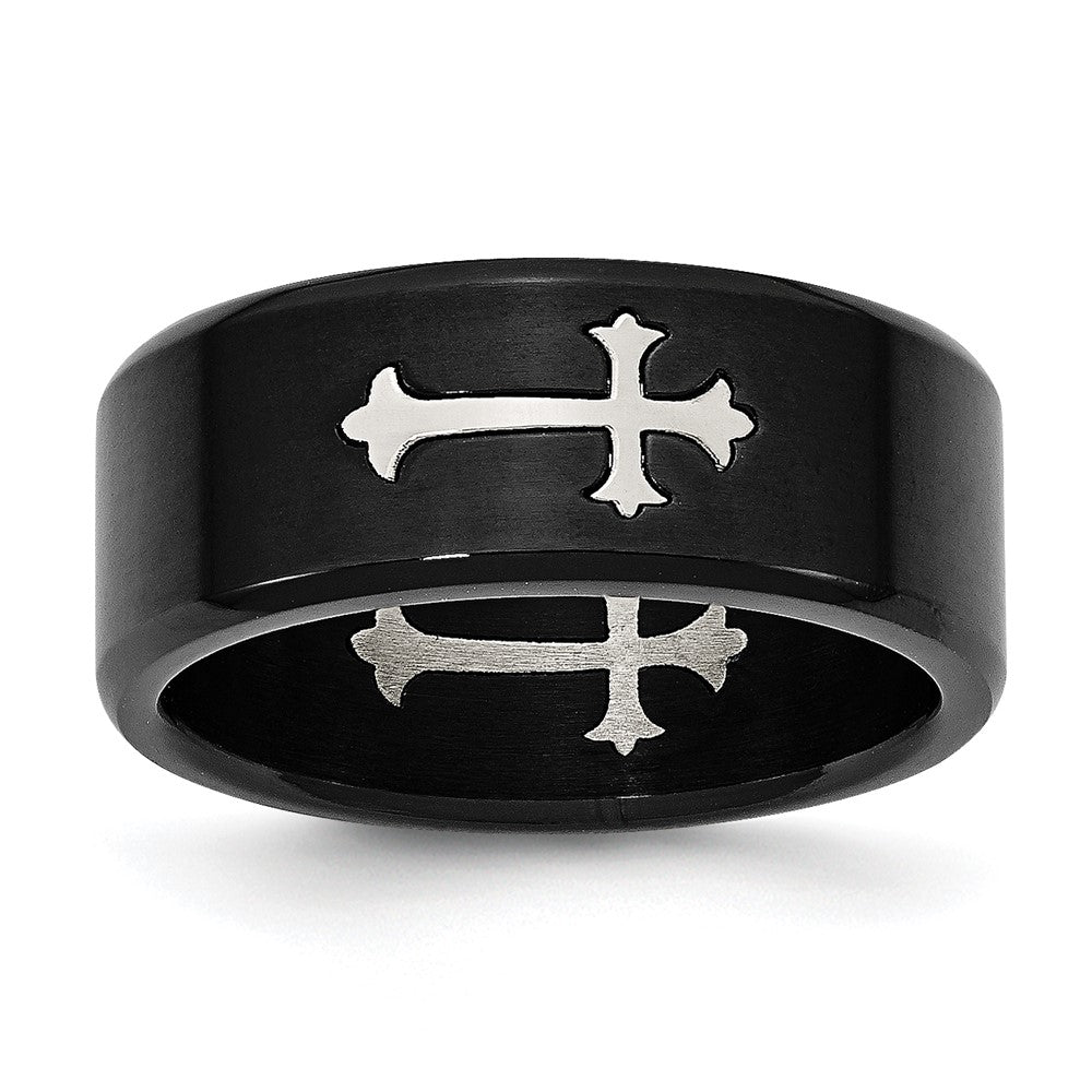 Stainless Steel Brushed Black IP-plated with Cross 9mm Band Size - 10.5