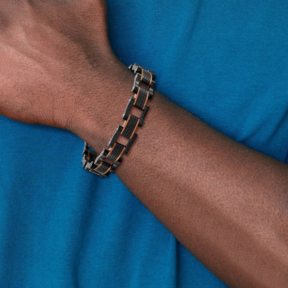 Stainless Steel Polished & Textured Black & Brown IP 8.25in Bracelet 8.25 inches