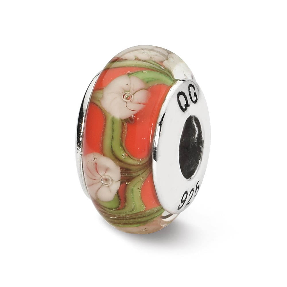 Sterling Silver Reflections Red/White Floral Hand-blown Glass Bead