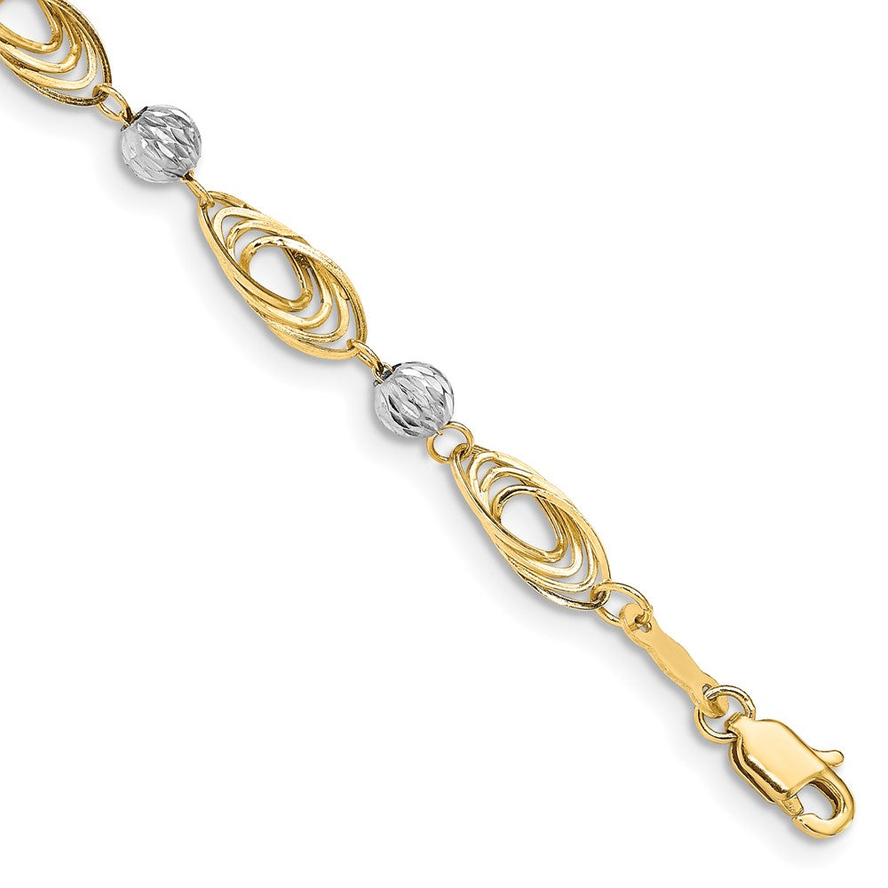 14K Gold Two-tone Oval Links with Diamond Cut Beads Bracelet 7.5 inches