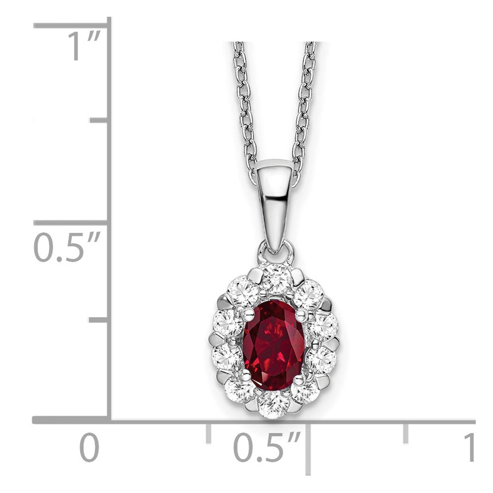 14k White Gold 1/2 carat Lab Grown Diamond VS/SI+ G+ and Oval Lab Created Ruby 18 inch Halo Pendant Necklace