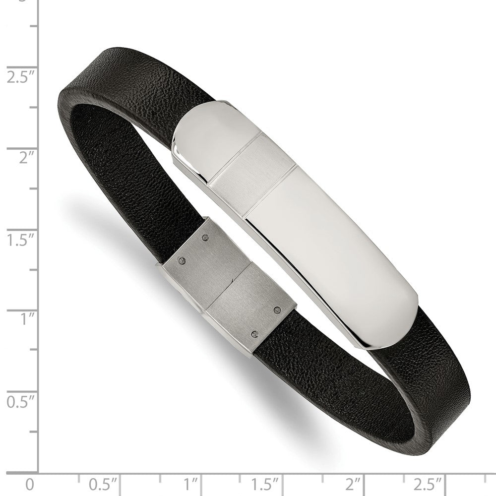 Stainless Steel Brushed and Polished Black Leather 8.5in ID Bracelet 8.5 inches